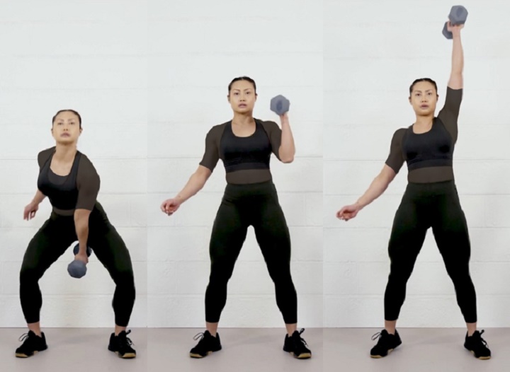 حرکات بدنسازی با دمبل؛ ۲۷ تمرین و انواع حرکات با دمبل_تونل زمان 20 ورزش با دمبل - اسکوات و پرس سرشانه