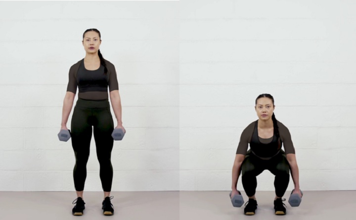 حرکات بدنسازی با دمبل؛ ۲۷ تمرین و انواع حرکات با دمبل_تونل زمان 21 ورزش با دمبل - اسکوات چمدان