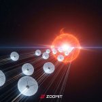 تصویرسازی از نانوفضاپیماها درحال گذر از کنار ستاره‌ای سرخ