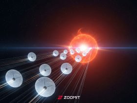 تصویرسازی از نانوفضاپیماها درحال گذر از کنار ستاره‌ای سرخ